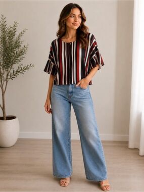 Cherish Red, Black & White Vertical Stripe Short Sleeve Blouse